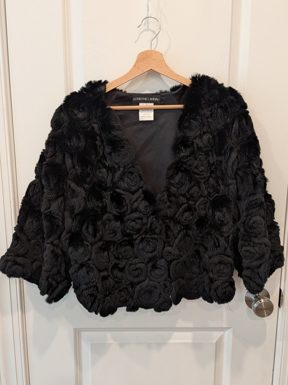 Adrienne Landau Women M Black Rabbit Fur 3/4 Sleeve Pancho Cape Coat Jacket rose